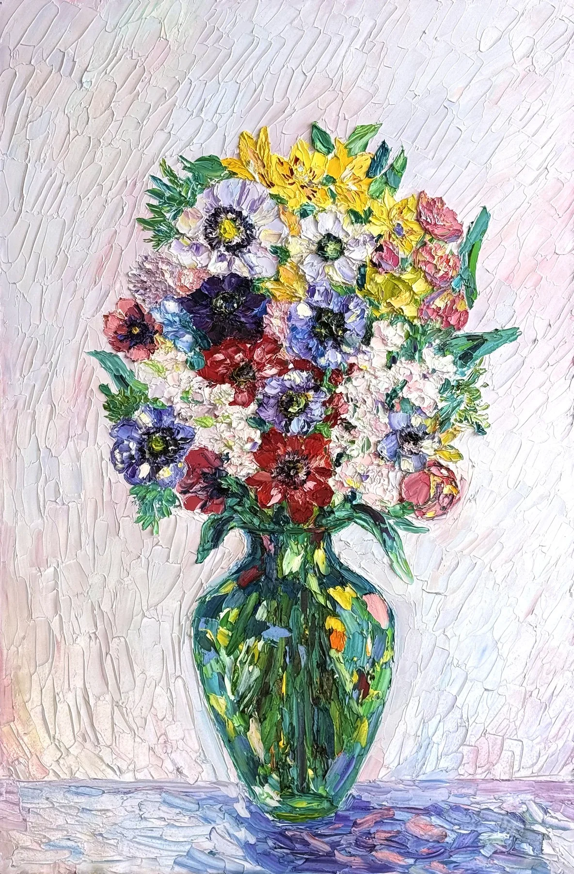 «Анемоны в зелёной вазе» — картина Ольги Симаковой, 60 × 90 см, серия Цветы